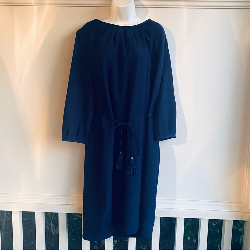 Talbots Belted Blue Dress with 3/4 Bishop Sleeves